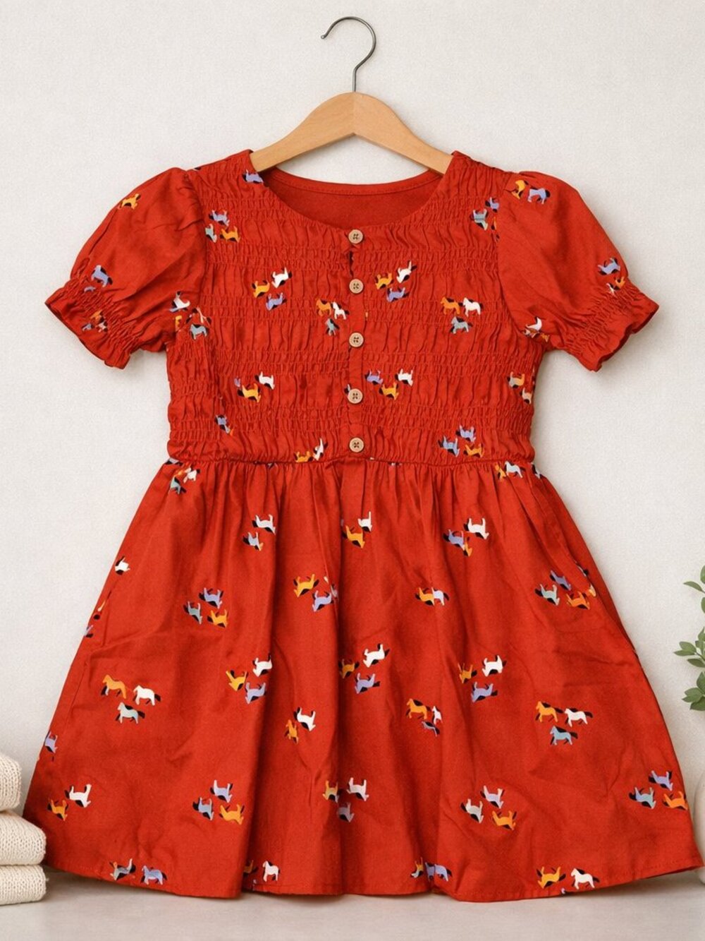 Cat & Jack Red Horse Print Puff‑Sleeve Dress Size 10/12